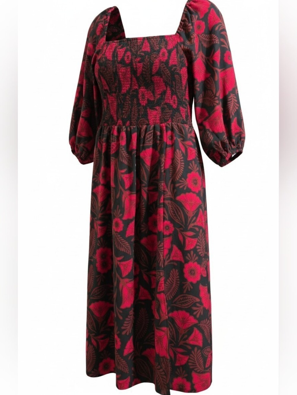 Woven Smocked Maxi Dress in Red Floral